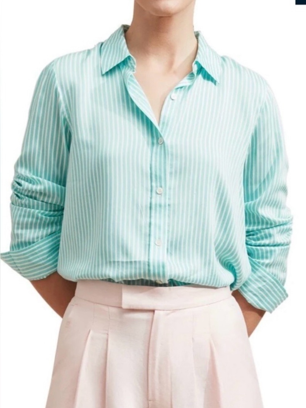 J. McLaughlin Denver Aqua & White Striped Silk Blend Button Down Shirt XL Preppy